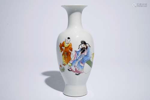 A Chinese famille rose vase with a sage and a boy, Hongxian mark, 20th C.