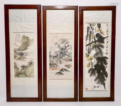 Three large Chinese paintings on paper, 20th C.