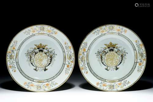 A pair of Chinese grisaille and gilt armorial monogrammed plates, dated 1750, Qianlong