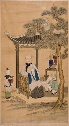 A Chinese rice paper painting depicting a lady with her servants, 18/19th C.