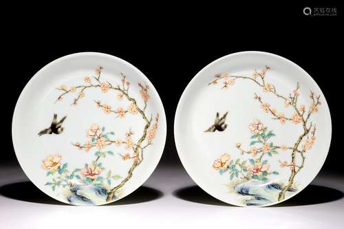 A pair of Chinese famille rose plates with a bird approaching a blossoming branch, Yongzheng mark, 20th C.