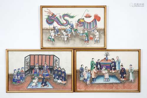 Three fine Chinese rice or pith paper paintings, Canton, 19th C.