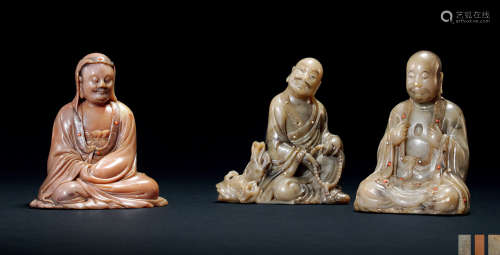 17-18世纪 寿山石嵌宝欢喜罗汉、开心罗汉、静坐罗汉 （一组三件）