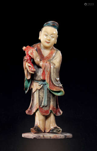 清中期 寿山石雕灵芝人物立像