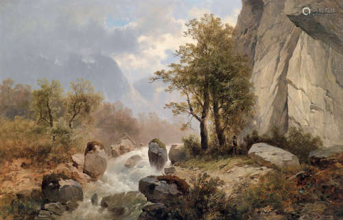 约瑟夫·托马 筏木在山川激流间 布面油画