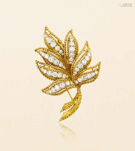 约1963年纽约制 梵克雅宝 Van Cleef & Arpels 18K黄金镶嵌钻石「叶形」古董胸针