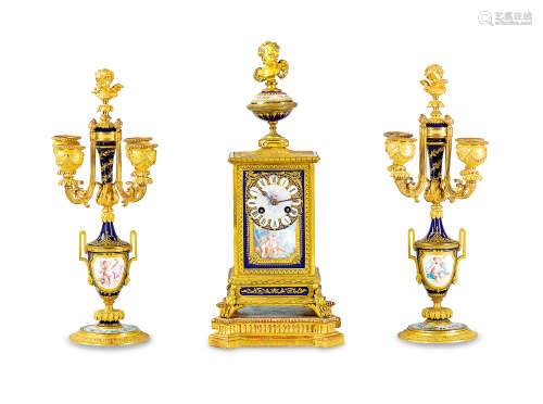 约1890年 法国 铜鎏金皇家蓝塞夫瓷座钟 （三件套）