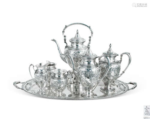 约1935年 美国 纯银簪花咖啡或茶6件套及一个纯银盘