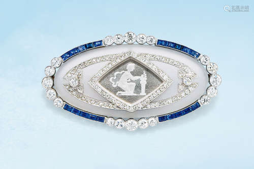 约1910年 精雕水晶及珐琅配蓝宝石及钻石「祈祷」古董胸针