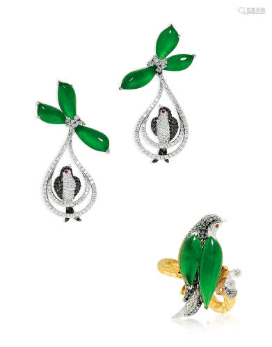 天然满绿翡翠配钻石「喜鹊」戒指及耳环套装