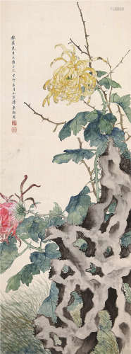 陈东湖 1927年作 菊石图 立轴 设色绢本