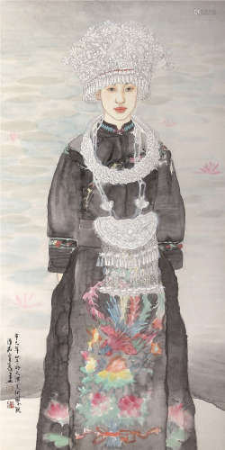 刘泉义 2001年作 彝族少女 镜框 设色纸本