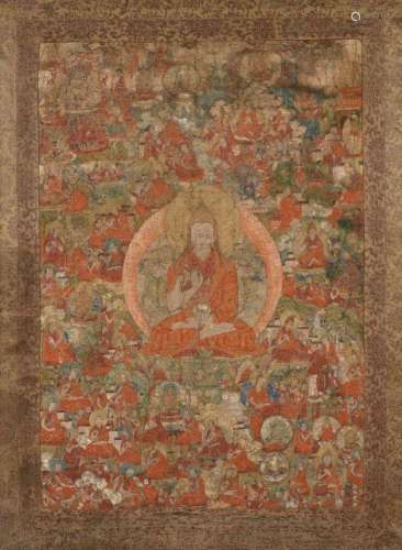 THANGKA À L'ENCRE ET COULEUR SUR TOILE ENCADRÉE, TIBET, FIN DU XVIIIe SIÈCLE