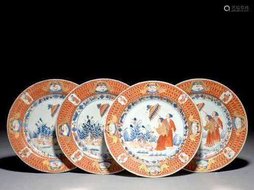 QUATRE ASSIETTES EN PORCELAINE IMARI CHINOIS, CHINE, DYNASTIE QING, XVIIIE SIÈCLE