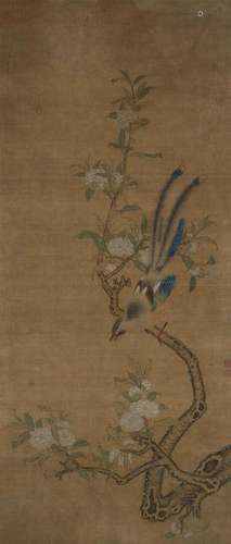 PEINTURE À L'ENCRE ET COULEUR SUR SOIE ENCADRÉE, CHINE, DYNASTIE QING, FIN DU XIXe SIÈCLE