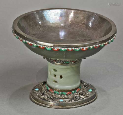 Mongolian Silver and Hardstone Footed Bowl