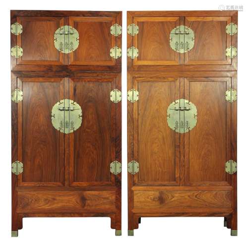 Pair of Chinese Huanghuali Compound Cabinets
