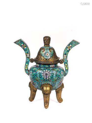 铜胎珐琅花纹香炉, 中国，清代，十九世纪