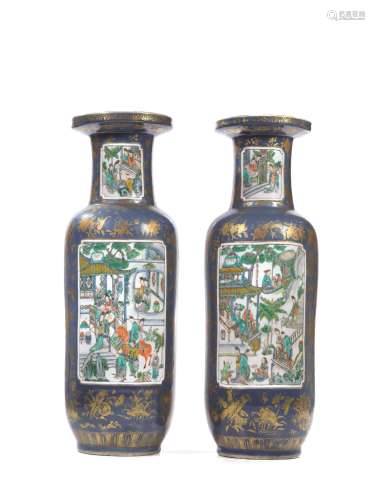 蓝地人物故事图瓷瓶两件，中国，清代 ，十九世纪
