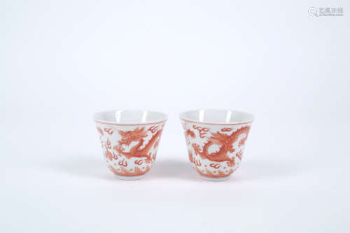 A Pair of Iron-Red Porcelain Cups