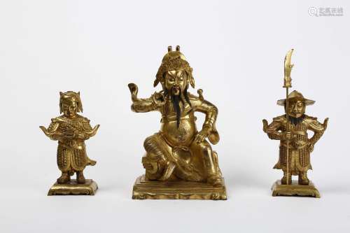 A Set of Three Chinese Gilt Bronze Figures of Guanyu