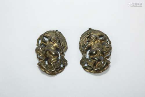 A Pair of Chinese Bronze Bat Pendants