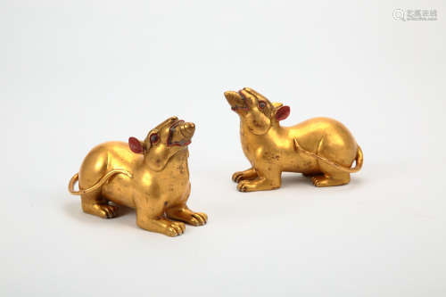 A Pair of Chinese Gilt Bronze Rat Decorations