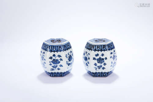 A Pair of Chinese Blue and White Porcelain Drum Decorations