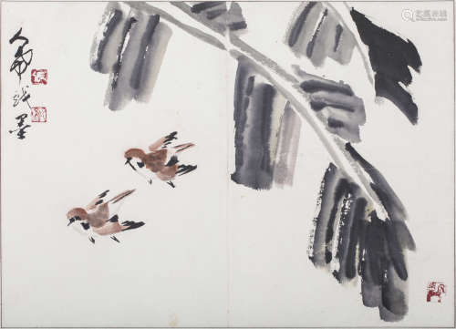 张人希（1918-2008）  芭蕉双鸟图设色纸本镜片