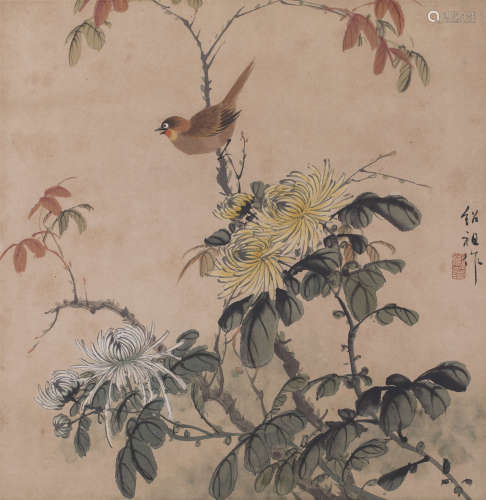 清代  王绍祖  菊花雀鸟小品设色纸本镜片