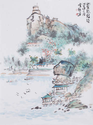 卢乾（b.1943）  春风鼓浪设色纸本镜片