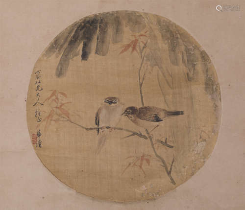 清代  佚名花鸟团扇设色绢本镜片