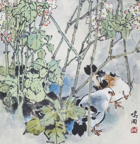 朱鸣冈（1915-2013）  双鸡图设色纸本镜片