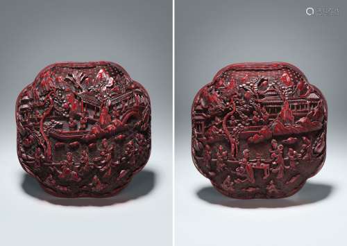 清中期 铜胎剔红山水人物纹海棠形盖盒