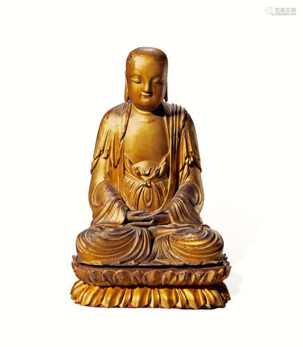 清早期 木胎漆金地藏王菩萨坐像