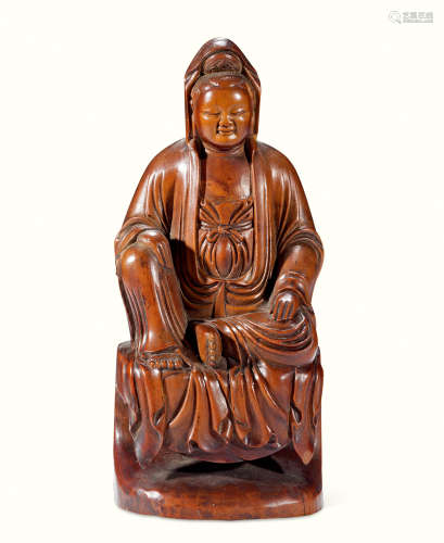 清 黄杨木雕自在观音坐像