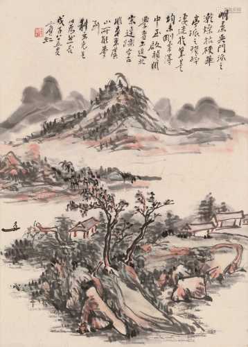 黄宾虹 戊子（1948）年作 秋江行舟 镜片 设色纸本