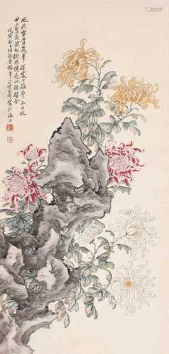 黄山寿 戊寅（1878）年作 秋菊 立轴 设色纸本