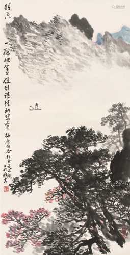 吴养木 壬戌（1982）年作 晴空一鹤 立轴 设色纸本
