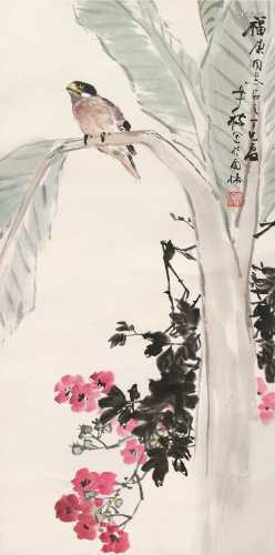 张辛稼 丁巳（1977）年作 春禽图 立轴 设色纸本