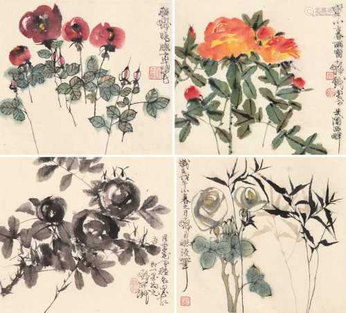 程十发 戊午（1978）年作 花卉 （四帧） 镜片 设色纸本
