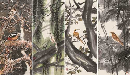 陈佩秋 丁丑（1997）年作 花鸟 四屏 立轴 设色纸本