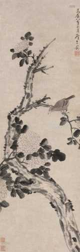 詹景凤 1580年作 花枝栖禽 立轴 水墨纸本