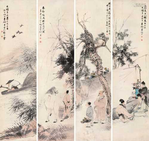 倪田 辛丑（1901）年作 人物 四屏镜片 设色纸本