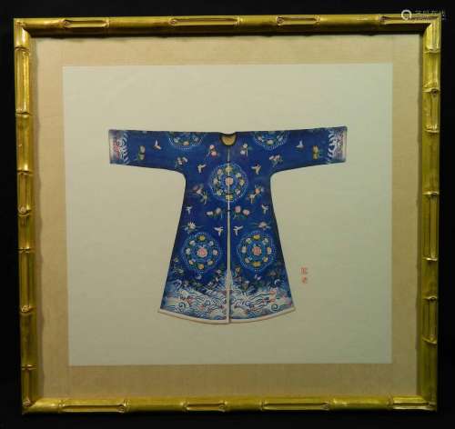 20th C Chinese W/C Silk Robe Signed Peng Wei?