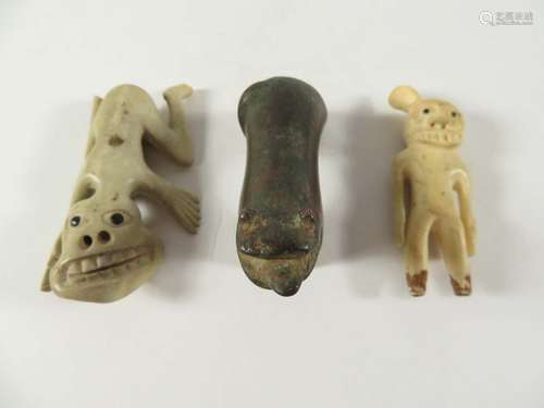 Pre Columbian 3 Figural Sculptures Bone & Stone