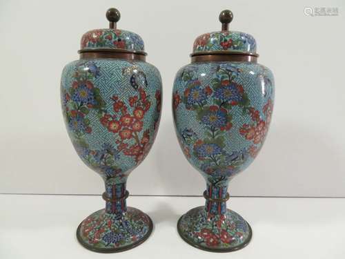 Chinese Pair Cloisonne Bronze Covered Urns