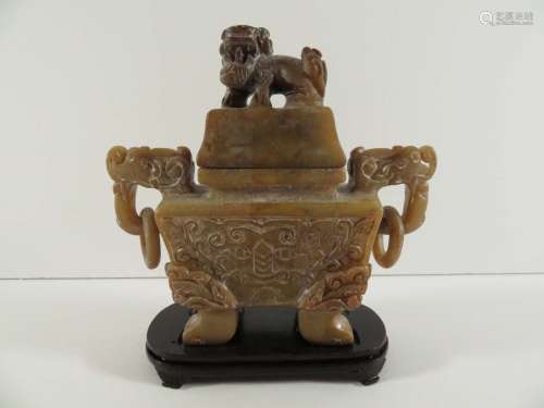 Chinese Soapstone Covered Vessel Foo Lion