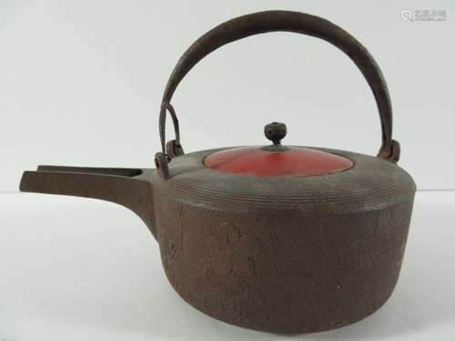 Japanese Iron Tea Pot Red Lacquer Lid