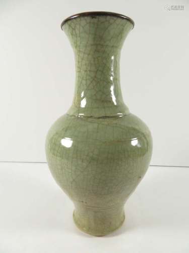 Chinese Celadon Crackle Vase Bronze Rim